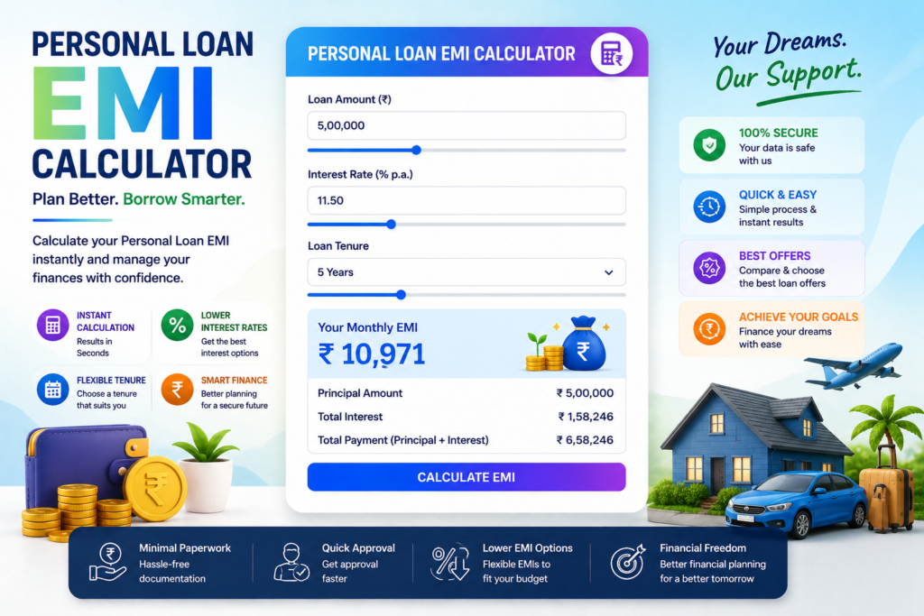 Personal Loan EMI Calculator India 2026 with EMI, interest and repayment calculation