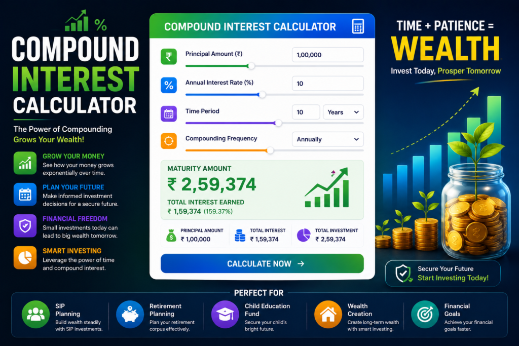 Compound Interest Calculator India 2026 – Calculate Compound Interest, Maturity Value and Investment Growth