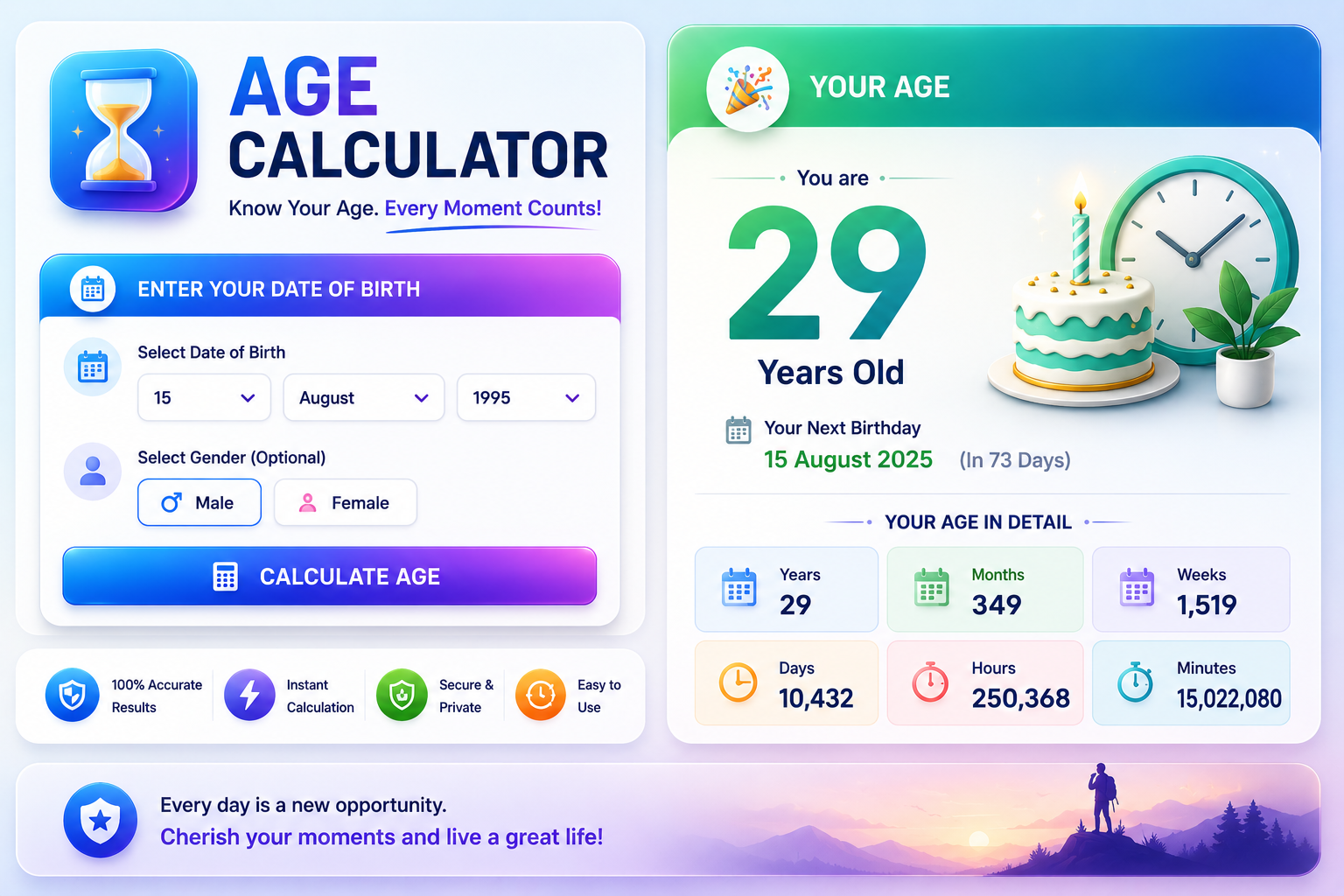 Age Calculator India 2026 showing exact age in years months days birthday countdown and live age counter