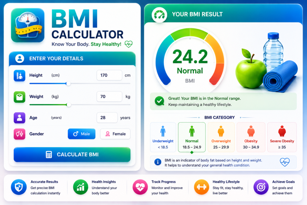 BMI Calculator India 2026 showing body mass index score healthy weight range and obesity status