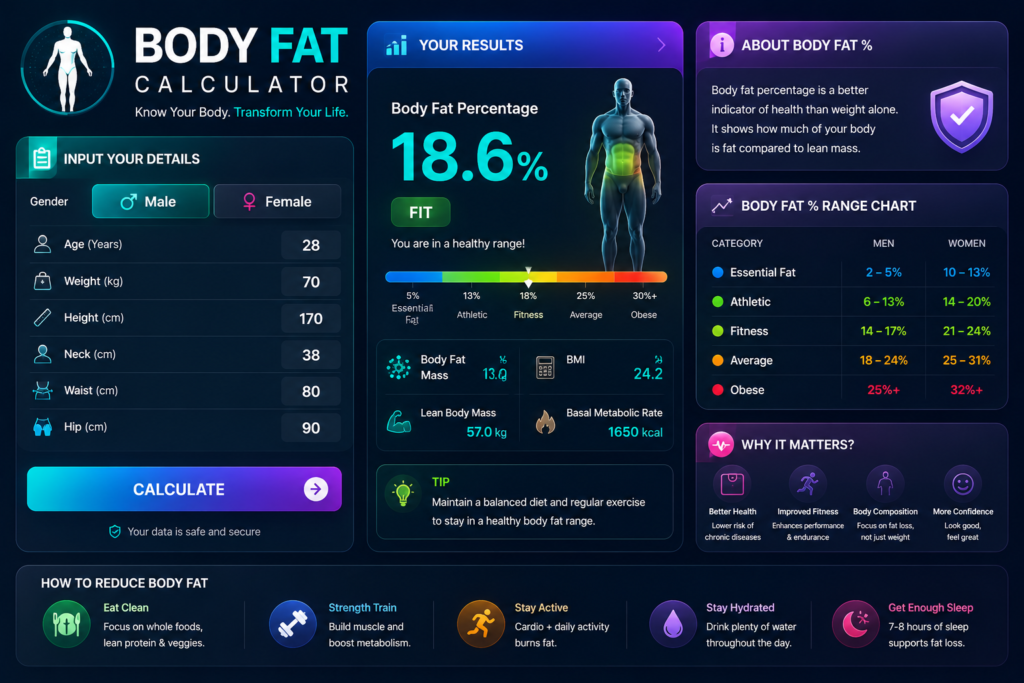 Body Fat Calculator India 2026 showing body fat percentage lean body mass fat mass and fitness category