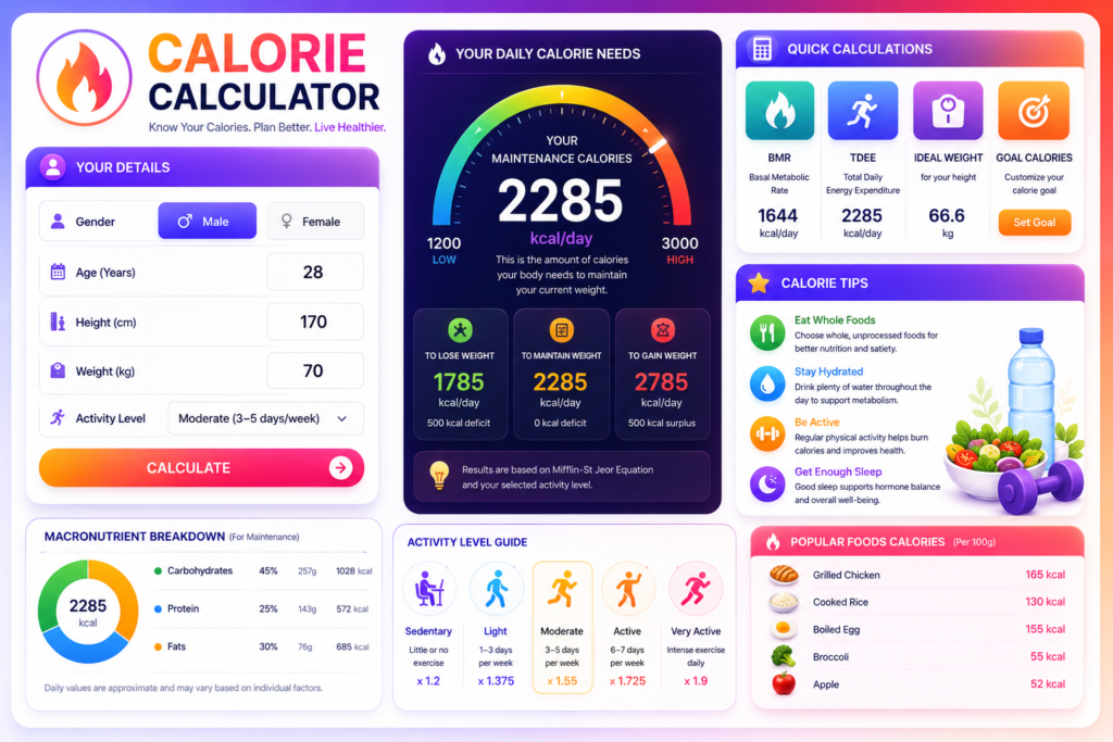 Calorie Calculator India 2026 showing daily calorie needs BMR maintenance calories weight loss calories and weight gain calories