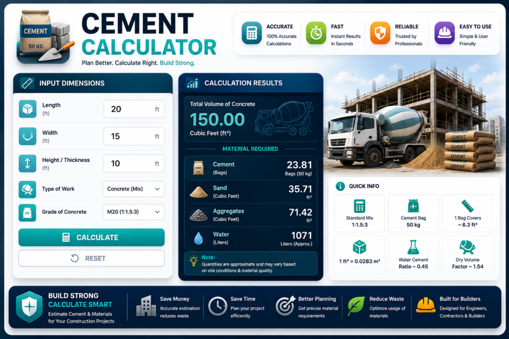 Cement Calculator India 2026 for Cement Bags Sand Aggregate and Concrete Calculation