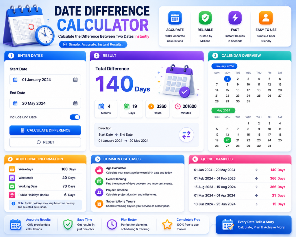 Date Difference Calculator India 2026 showing days months years weeks hours and minutes difference between two dates
